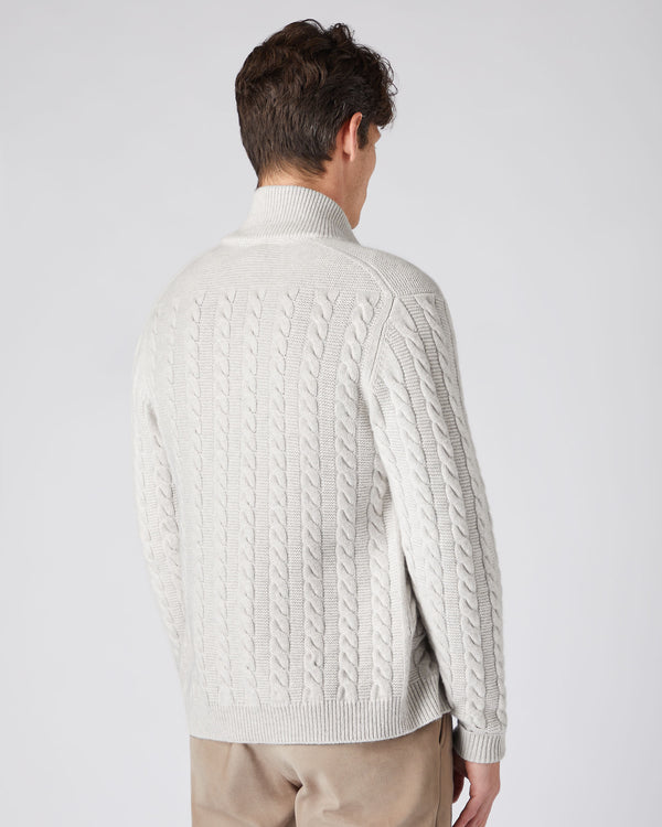 N.Peal Men's The Richmond Cable Cashmere Cardigan Pebble Grey