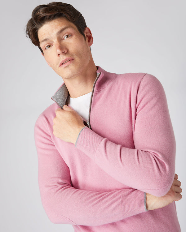 N.Peal Men's The Carnaby Half Zip Cashmere Jumper Burano Pink