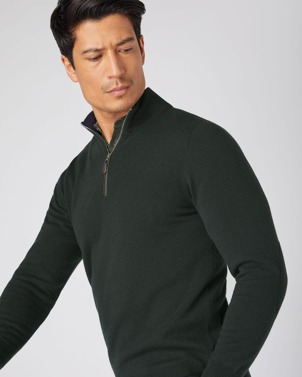 N.Peal Men's The Carnaby Half Zip Cashmere Jumper Dark Green