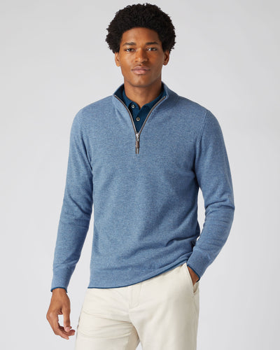 N.Peal Men's The Carnaby Half Zip Cashmere Jumper Faded Indigo Blue