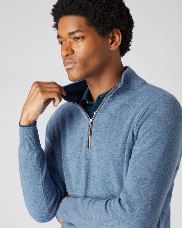 N.Peal Men's The Carnaby Half Zip Cashmere Jumper Faded Indigo Blue