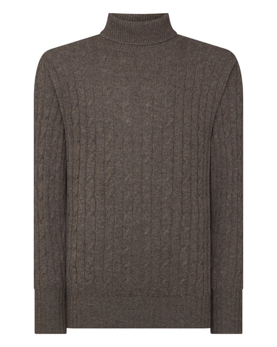 N.Peal Men's Classic Cable Roll Neck Cashmere Jumper Biscotti Brown