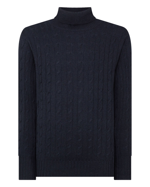 Men's Classic Cable Roll Neck Cashmere Jumper Navy Blue | N.Peal