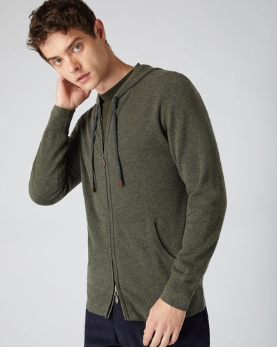 N.Peal Men's Hooded Zipped Cashmere Top Moss Green