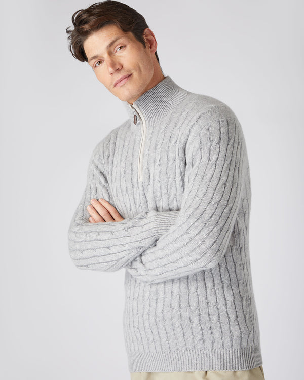 N.Peal Men's Two Tone Cable Half Zip Cashmere Jumper Fumo Grey