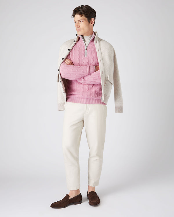 N.Peal Men's Cable Half Zip Cashmere Jumper Burano Pink