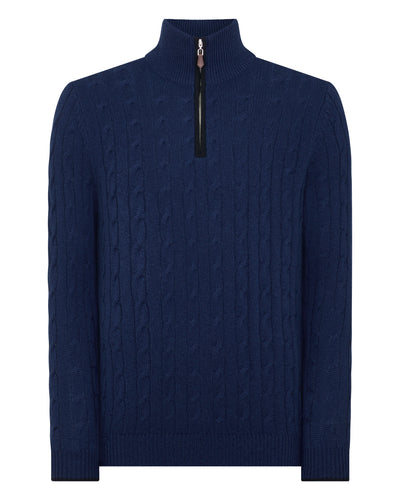 N.Peal Men's Cable Half Zip Cashmere Jumper French Blue