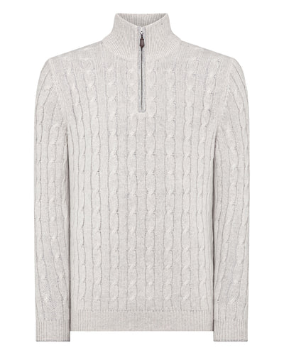 N.Peal Men's Cable Half Zip Cashmere Jumper Pebble Grey