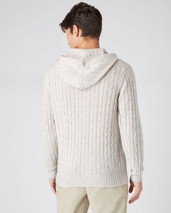 N.Peal Men's Cable Cashmere Hoodie Pebble Grey