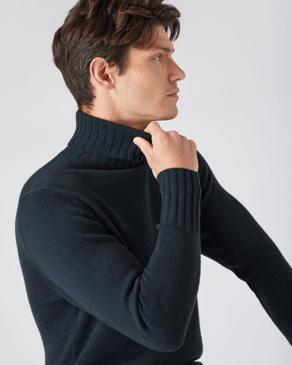 N.Peal Men's Chunky Roll Neck Cashmere Jumper Grigio Blue