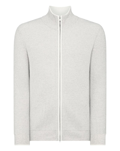N.Peal Men's Ribbed Zip Through Cashmere Cardigan Pebble Grey