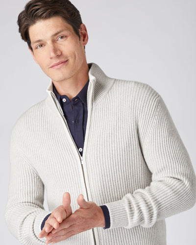 N.Peal Men's Ribbed Zip Through Cashmere Cardigan Pebble Grey