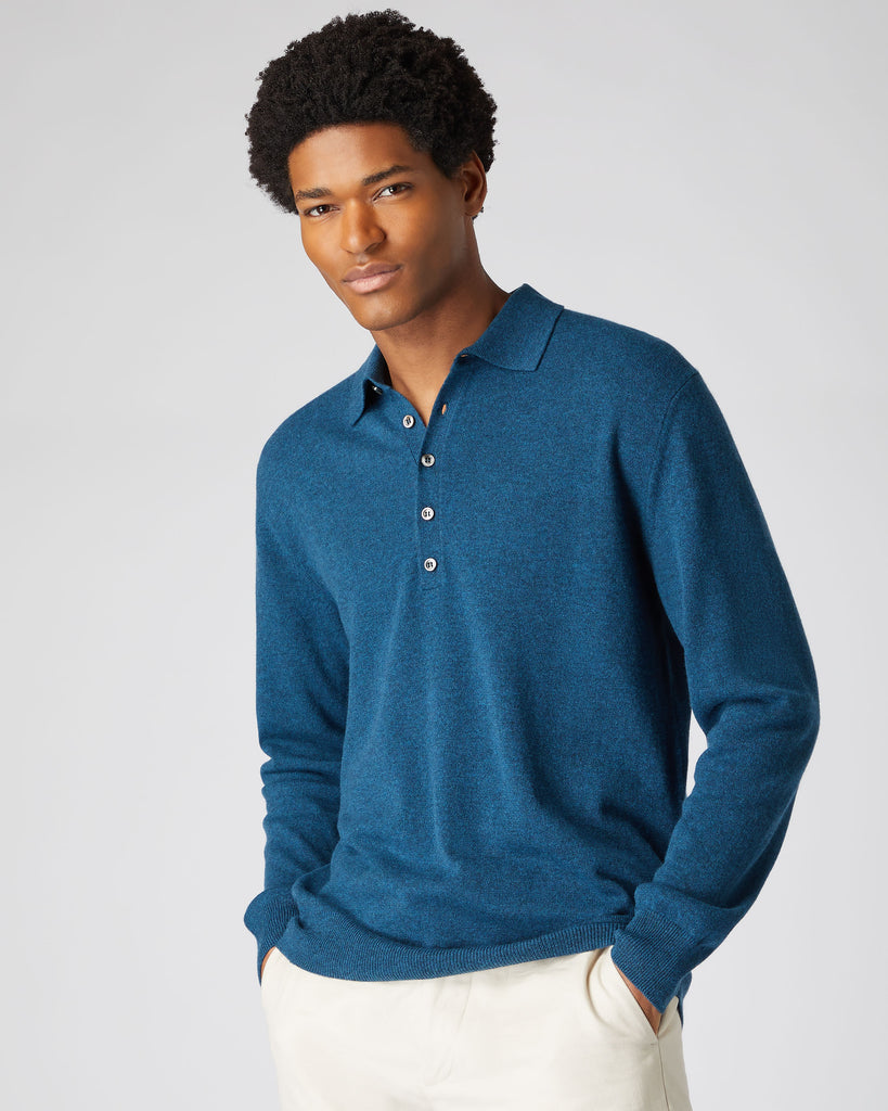 Men's Button Cashmere Polo Shirt Lagoon Blue | N.Peal