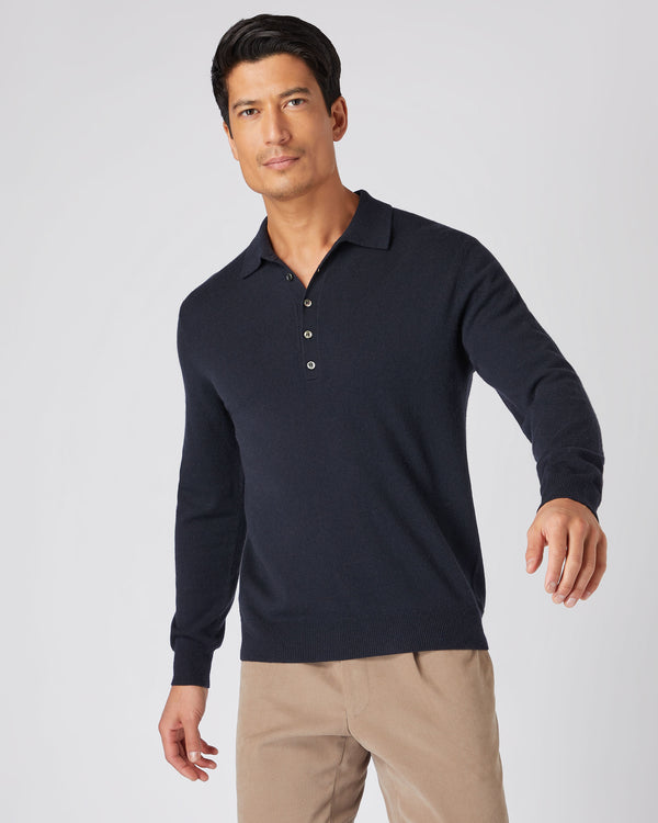 N.Peal Men's Button Cashmere Polo Shirt Navy Blue