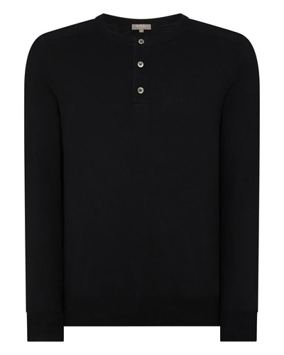 N.Peal Men's Round Neck Cotton Cashmere Henley Black