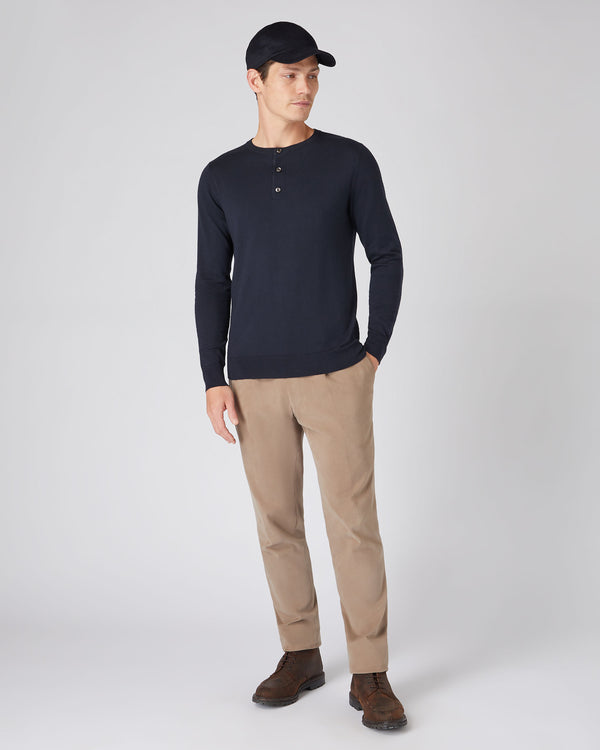 N.Peal Men's Round Neck Cotton Cashmere Henley Navy Blue