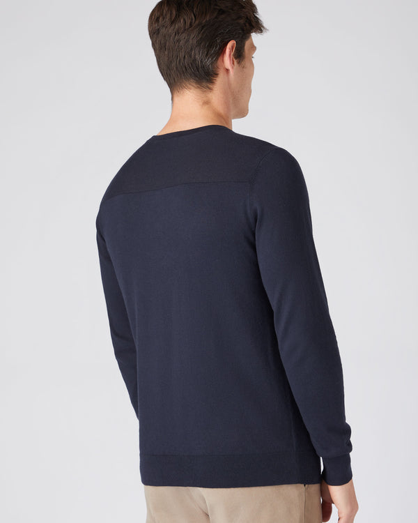 N.Peal Men's Round Neck Cotton Cashmere Henley Navy Blue