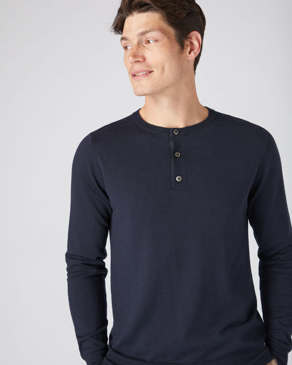 Men's Round Neck Cotton Cashmere Henley Navy Blue | N.Peal