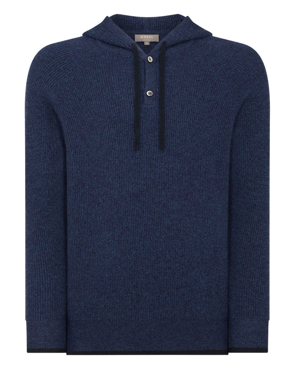 N.Peal Men's Half Button Hooded Cashmere Jumper Imperial Blue
