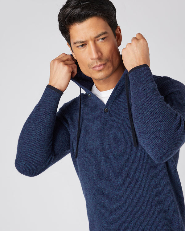 N.Peal Men's Half Button Hooded Cashmere Jumper Imperial Blue