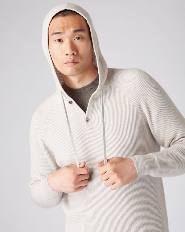 N.Peal Men's Half Button Hooded Cashmere Jumper Snow Grey