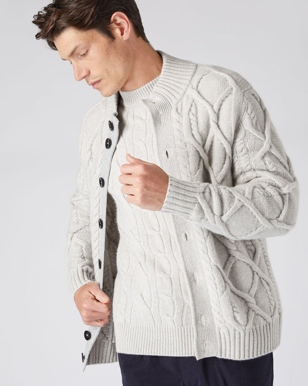 N.Peal Men's Cable Button Cashmere Cardigan Pebble Grey