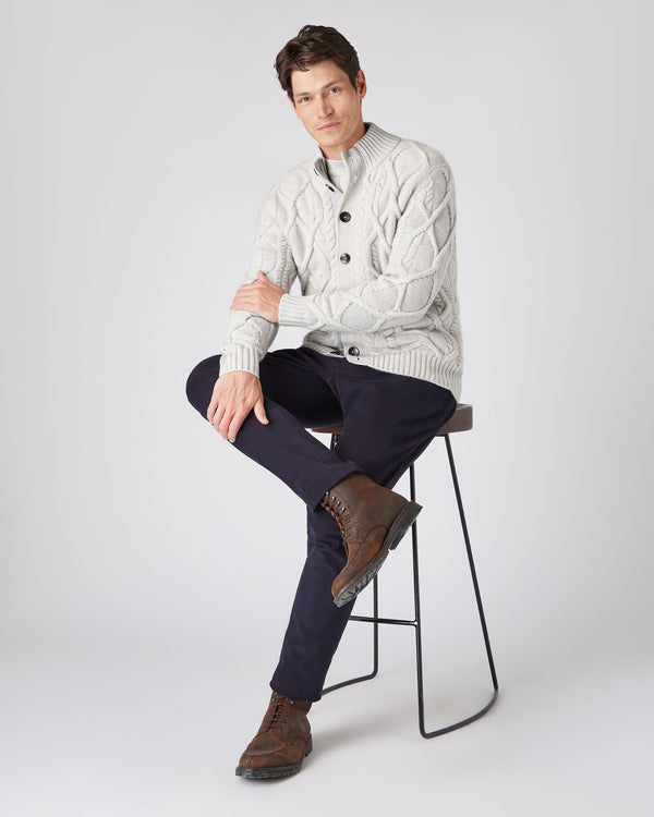 N.Peal Men's Cable Button Cashmere Cardigan Pebble Grey