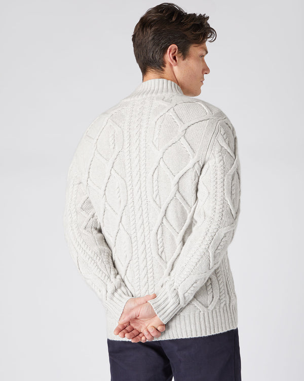 N.Peal Men's Cable Button Cashmere Cardigan Pebble Grey