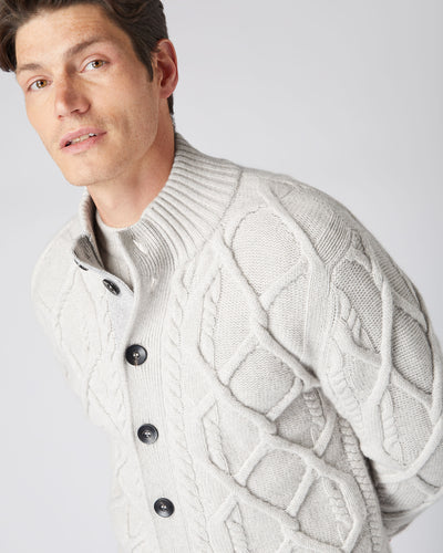 N.Peal Men's Cable Button Cashmere Cardigan Pebble Grey