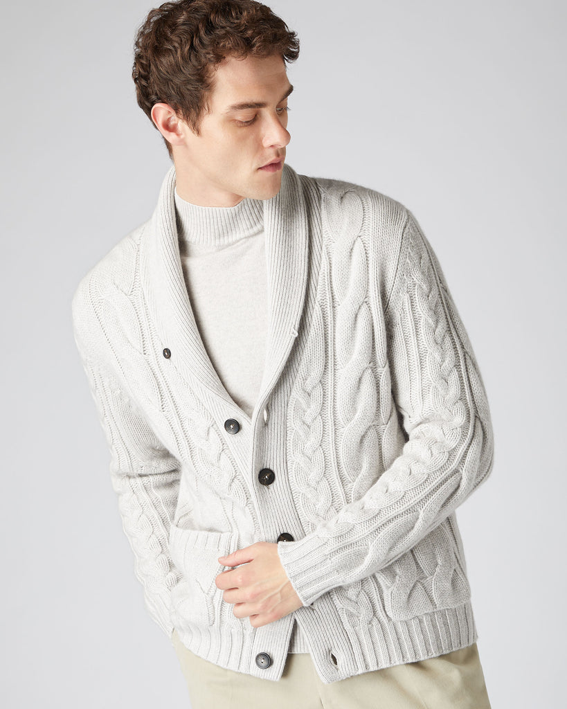 Men's Chunky Cable Cashmere Cardigan Pebble Grey | N.Peal
