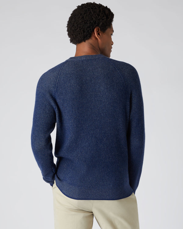 N.Peal Men's Two Tone Rib Cashmere Jumper French Blue