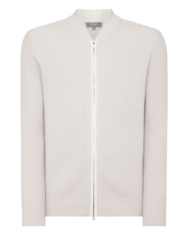 N.Peal Men's Textured Full Zip Cashmere Jumper Snow Grey