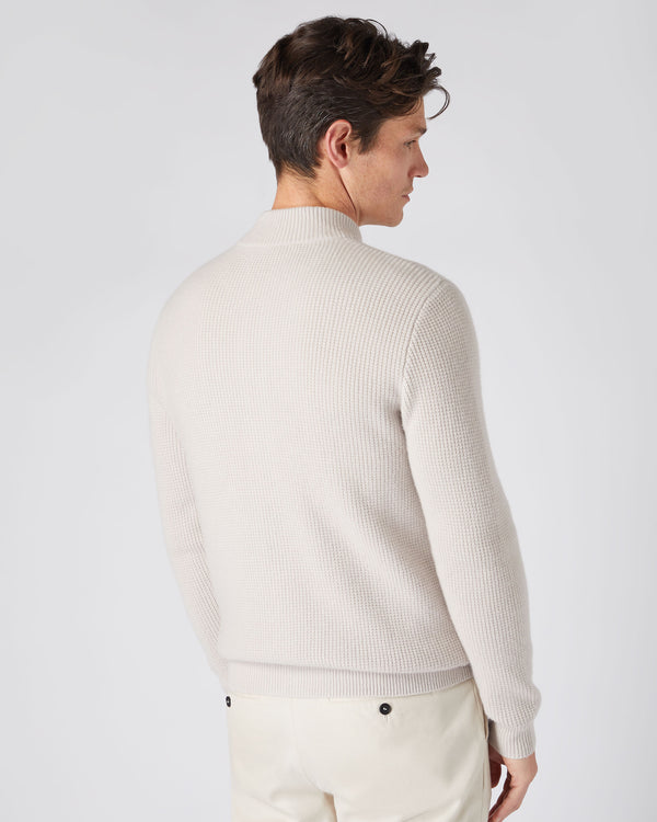 N.Peal Men's Textured Full Zip Cashmere Jumper Snow Grey
