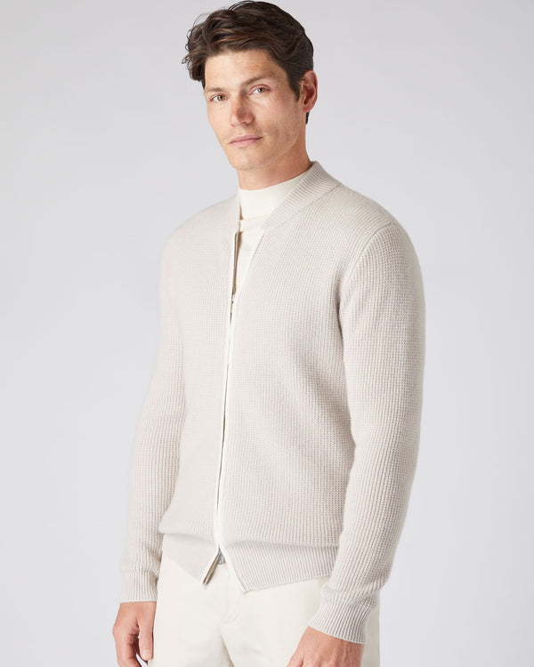 N.Peal Men's Textured Full Zip Cashmere Jumper Snow Grey