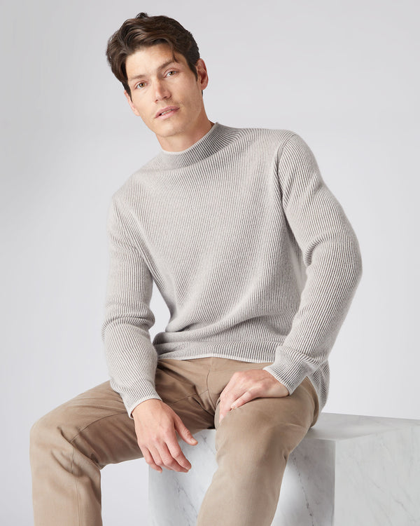 N.Peal Men's Two Tone Funnel Neck Cashmere Jumper Snow Grey