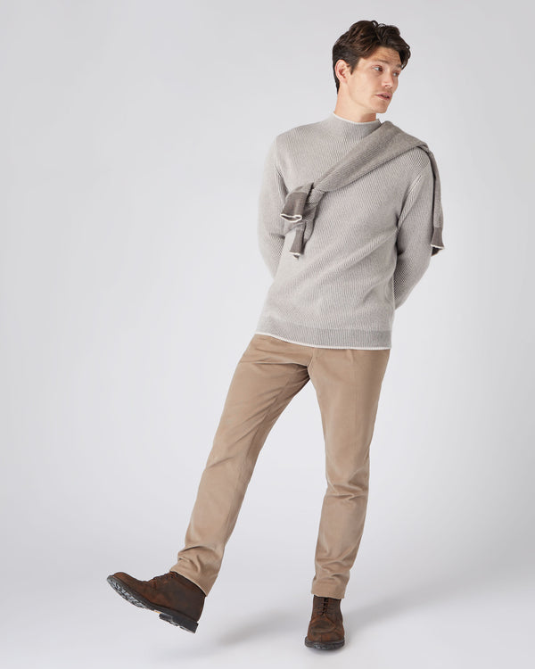 N.Peal Men's Two Tone Funnel Neck Cashmere Jumper Snow Grey