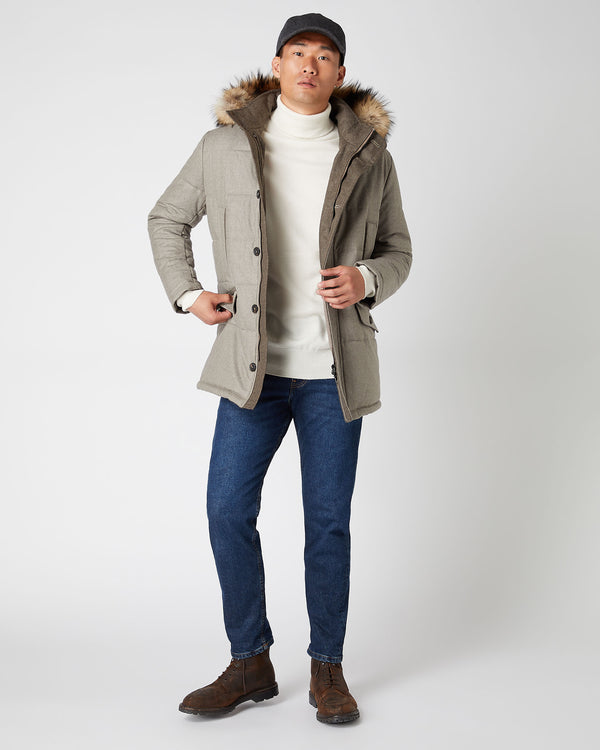 N.Peal Men's Fur Trim Woven Coat Mid Grey
