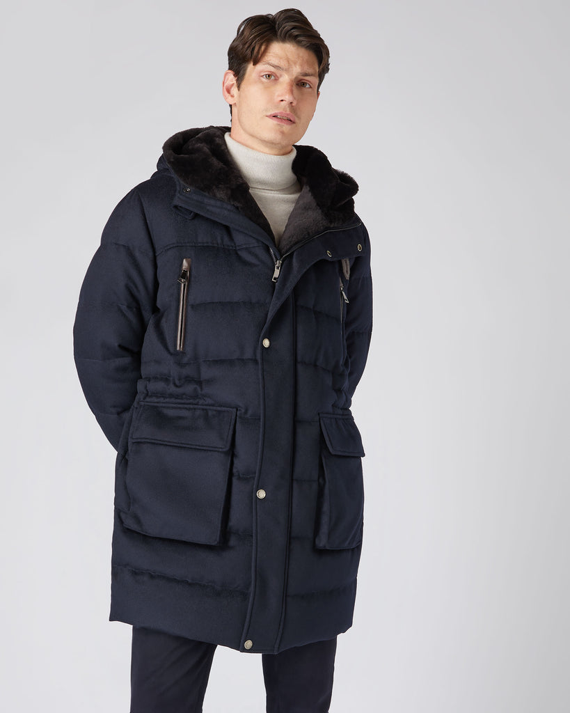 Men's Fur Hooded Quilted Coat Navy Blue | N.Peal