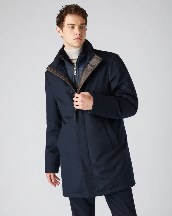 N.Peal Men's Fur Trim Woven Parka Navy Blue PRE-ORDER