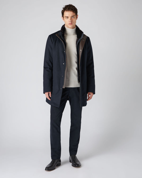 N.Peal Men's Fur Trim Woven Parka Navy Blue PRE-ORDER