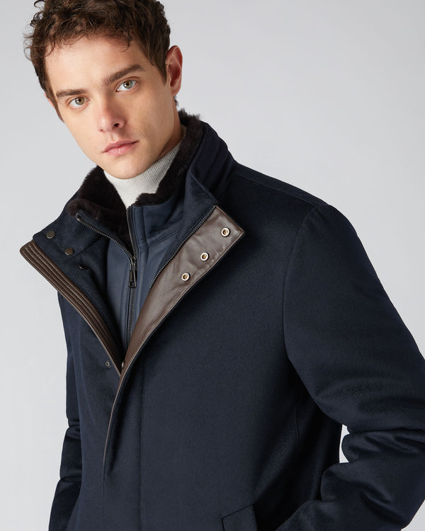 N.Peal Men's Fur Trim Woven Parka Navy Blue PRE-ORDER