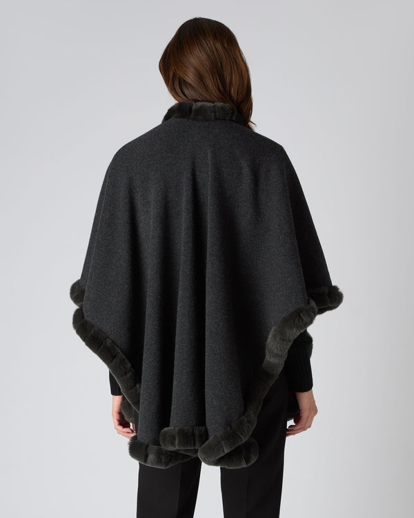 N.Peal Women's Cape With Fur Trim Edge Dark Charcoal Grey