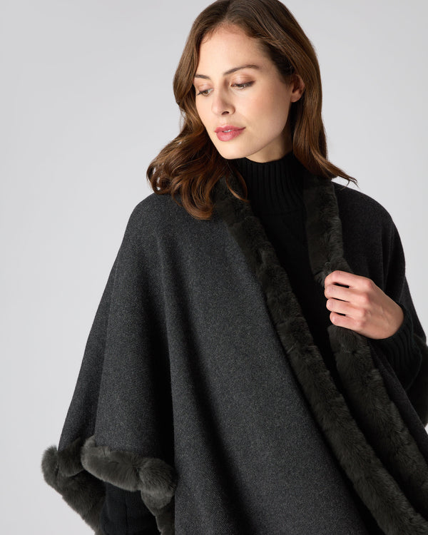 N.Peal Women's Cape With Fur Trim Edge Dark Charcoal Grey