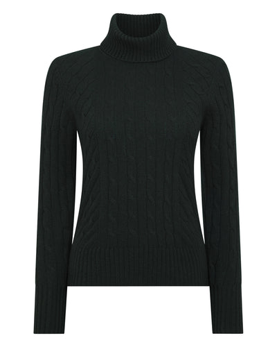 N.Peal Women's Cable Roll Neck Cashmere Jumper Dark Green