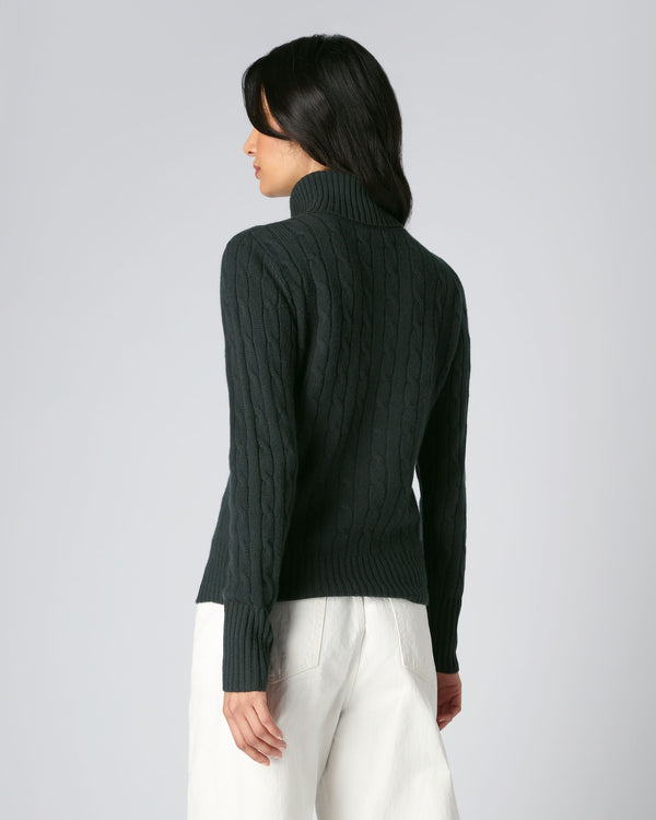 N.Peal Women's Cable Roll Neck Cashmere Jumper Dark Green