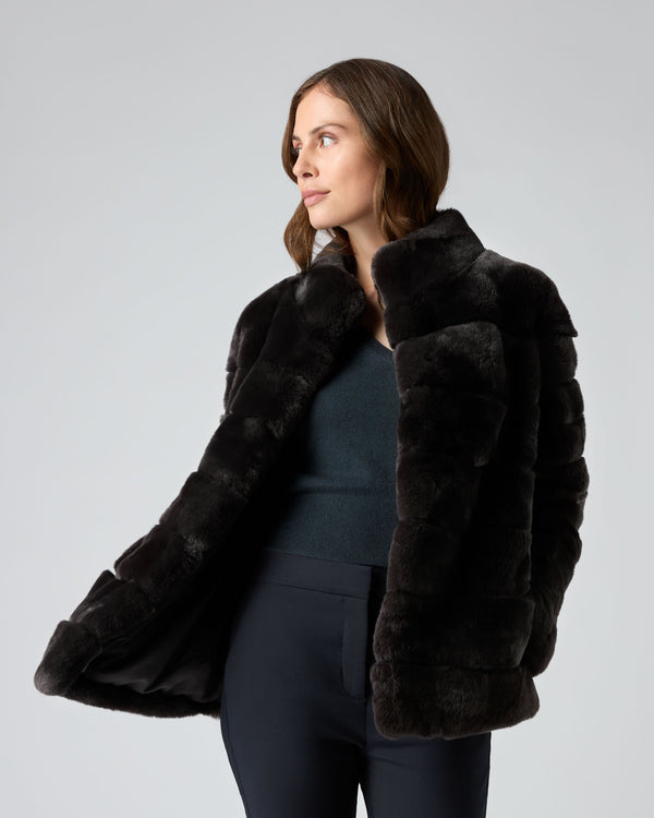 N.Peal Women's Rex Fur Ribbed Jacket Dark Grey
