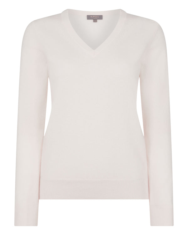 N.Peal Women's V Neck Cashmere Jumper New Ivory White