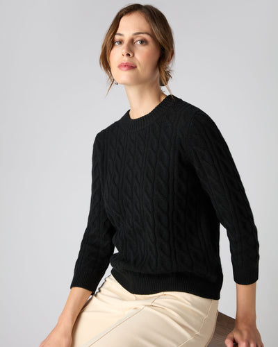 N.Peal Women's Round Neck Cable Cashmere Jumper Black