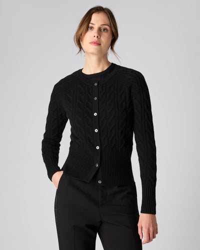 N.Peal Women's Cable Cashmere Cardigan Black