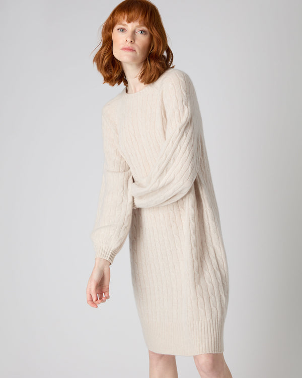 N.Peal Women's Crew Neck Cable Cashmere Dress Ecru White